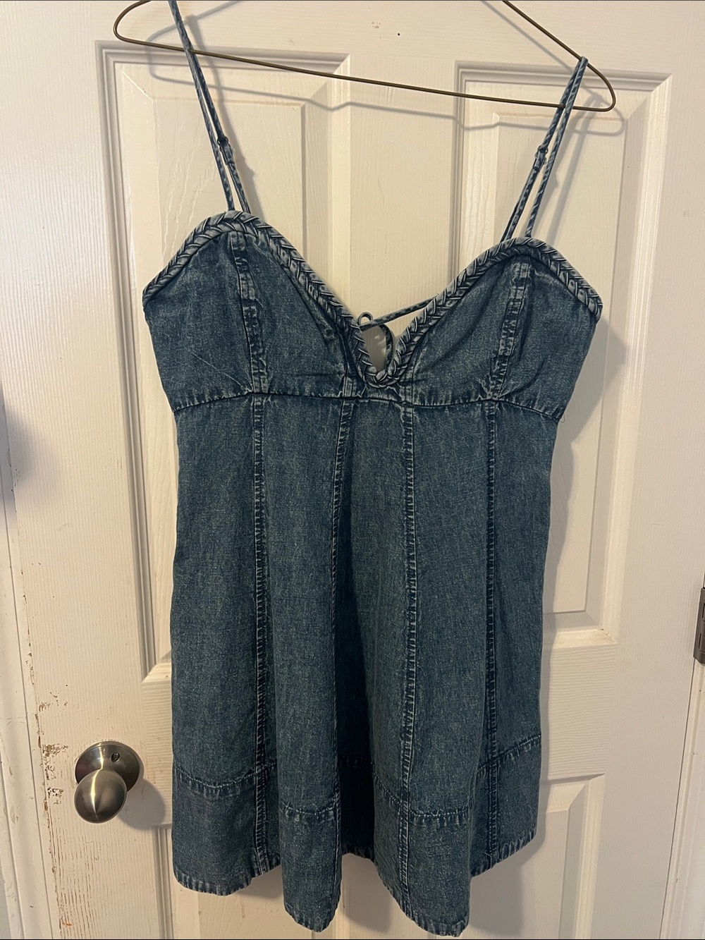 Free People NWT Dark Blue Denim Mini Dress with Braided Trim